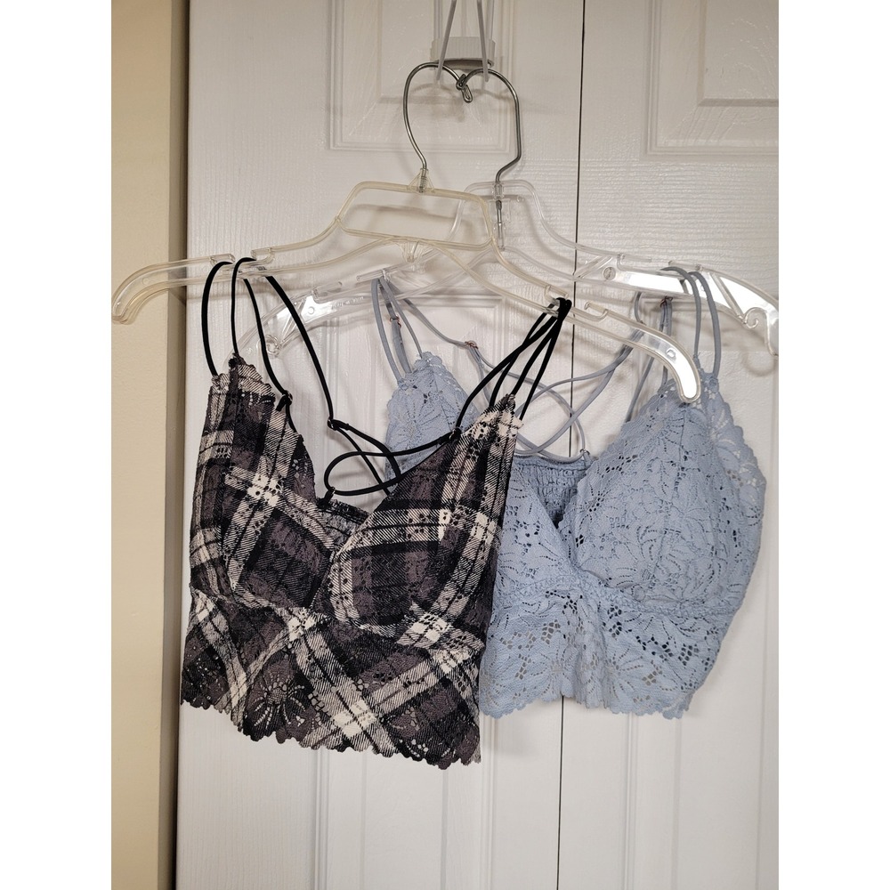 Victorias Secret PINK Lace Bralette Set 2pc Blue Plaid Strappy Caged Back‎ SizeM